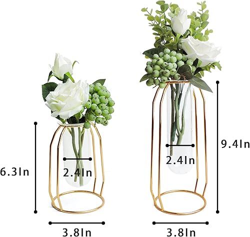 Miniatura 6 de FSyueyun Florero dorado para decoración del hogar con estante de metal, jarrones de vidrio dorado para centros de mesa, jarrones de brote, macetas