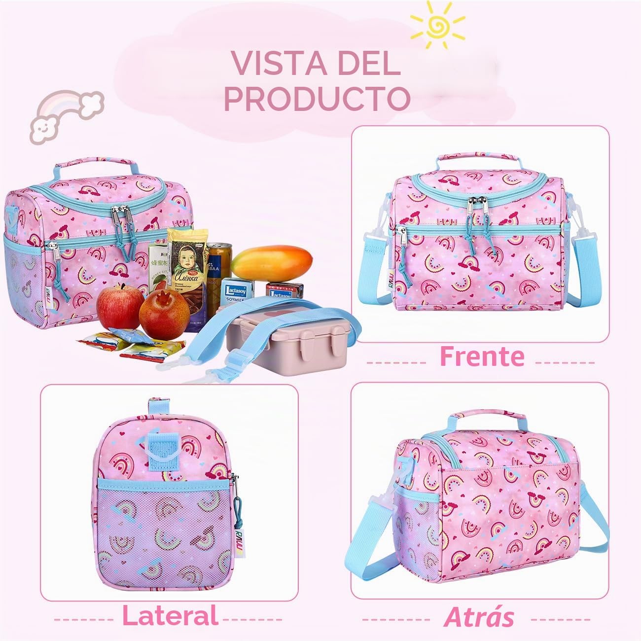 RAVUO Bolsa Termica porta Alimentos Infantil,Bolsa Almuerzo para Niños Niñas Bolsa Isotermica Loncheras con Correa de Hombro Ajustable para Escuela Guardería Picnic 6.5 L