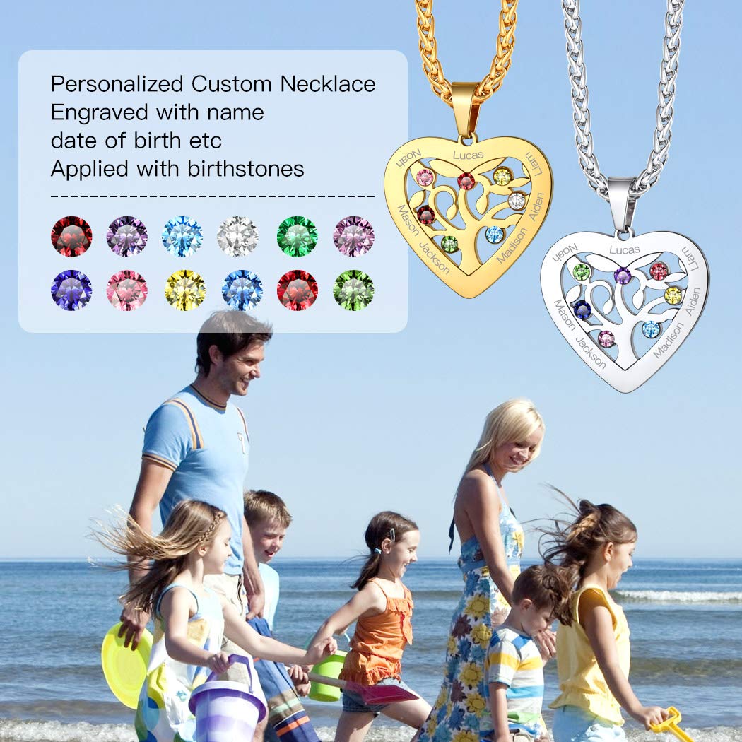 Suplight Collana da Donna con Albero della Vita Cuore Personalizzata con Pietra di Nascita e 2-7 Nomi in Argento Sterling 925/Acciaio Inossidabile Confezione Regalo Per Donna e Ragazza