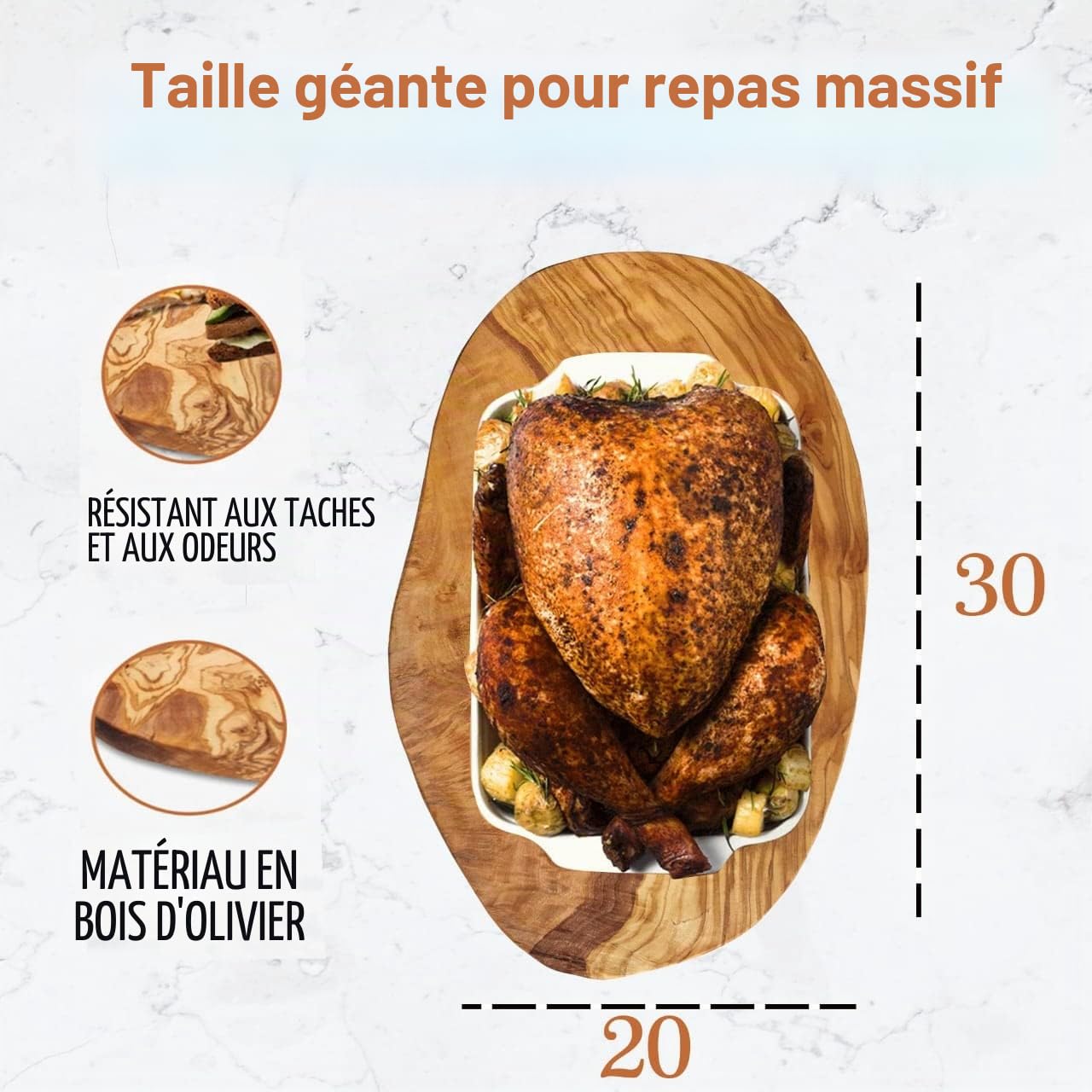 Planche en bois d'olivier - Planche à découper en bois d'olivier - Planche à petit-déjeuner - Planche à steak (35L x 18B cm)