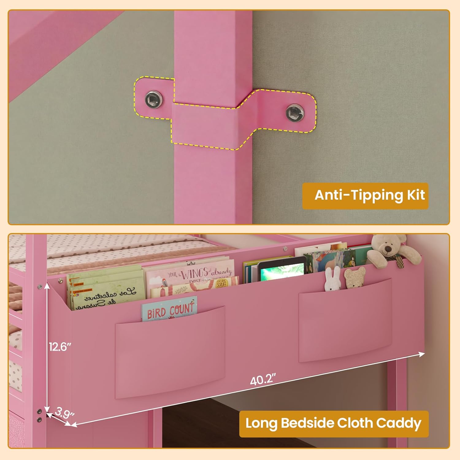 ADORNEVE Twin Size Bed Frame with 6 Drawers,House Bed with Globe String Lights Plug in,Metal Kids Bed with Safety Guardrail & Inclined Ladder,No Box Sping Needed,Pink