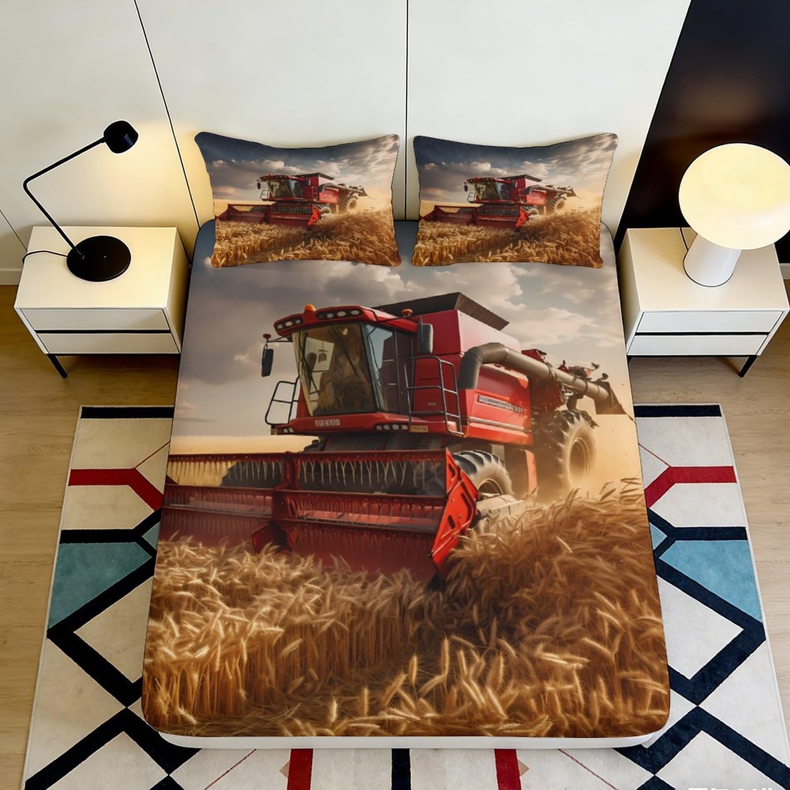 3D Printed Red Harvester Fitted Sheet Microfiber Wheat Field Bed Cover Non-Slip Washable Bedroom Dorm Mattress Protector 90x200x25cm