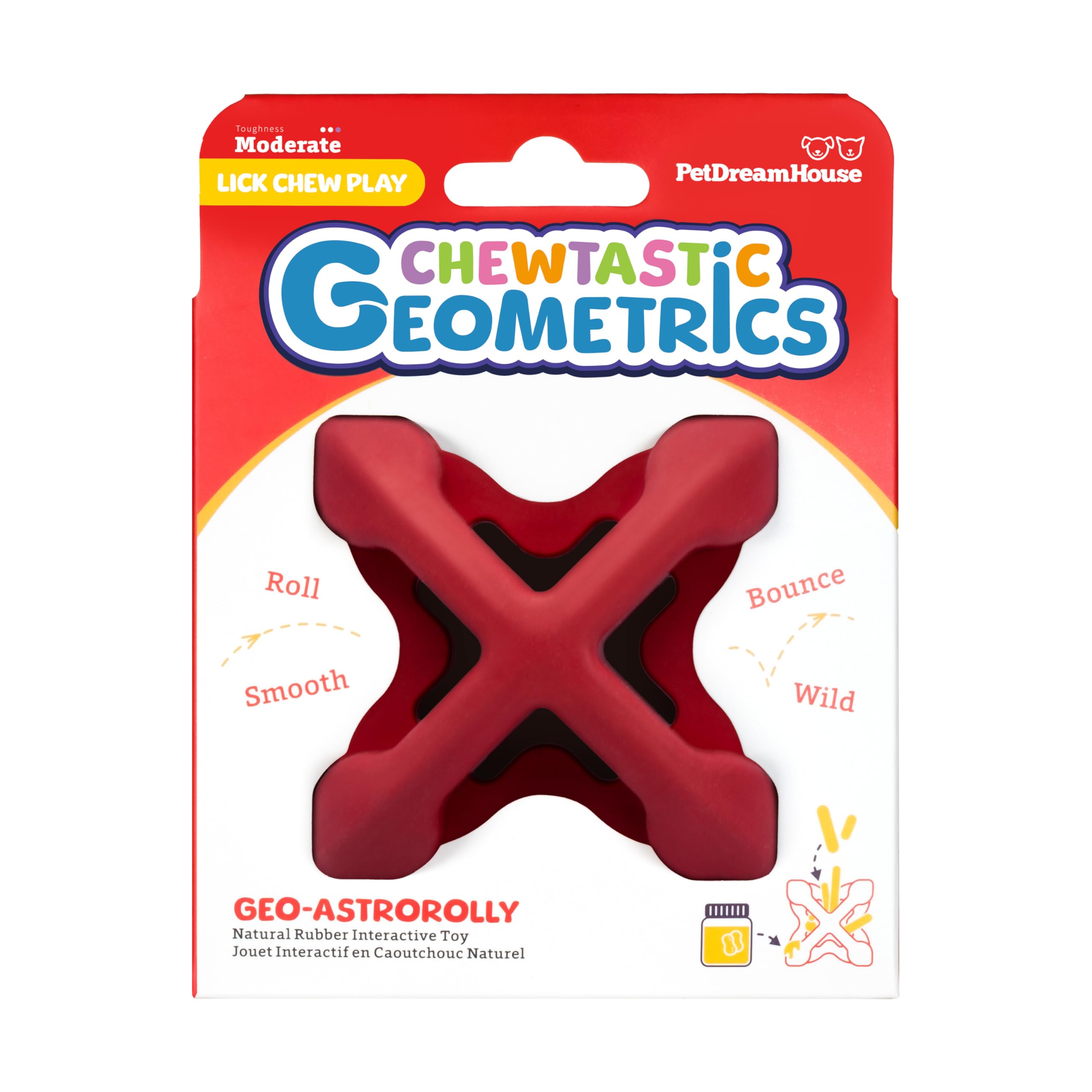 PetDreamHouse chewing animal geometry soft chew natural rubber enrichment dog toy geo-astroRolly red, engaging rolling and unpredictable bounce, fun to chew and retrieve