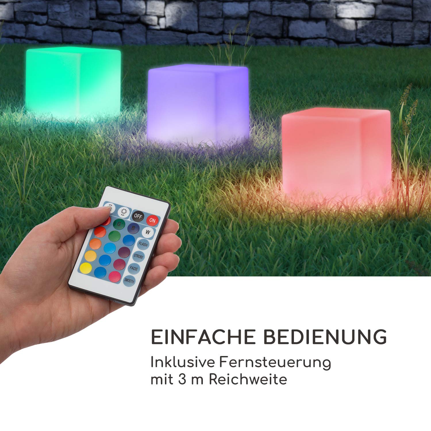 Blumfeldt Shinecube XL Gartenlampe mit LED-Beleuchtung in 16 Farben, Größe: 40 x 40 x 40 cm, Licht-Modi: Strobe, Flash, Fade, Smooth, wasserdicht, Fernbedienung, Akku, In-/ Outdoor, Material: PE, weiß