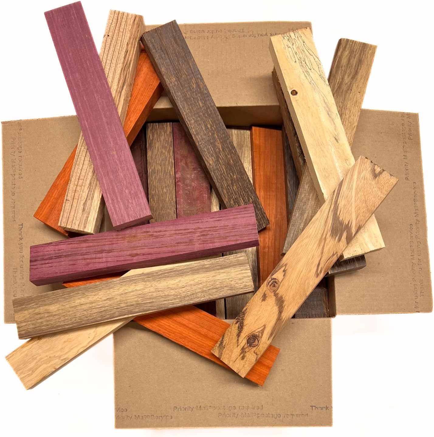 Exotic Wood Zone's Scarp Wood Cut Offs Box of Mixed Exotics (Purpleheart, Padauk, Black Palm, Bubinga, Tamarind and Black Limba) Wooden Scrap Craft Carving Scrolls Short Lumber Boards |