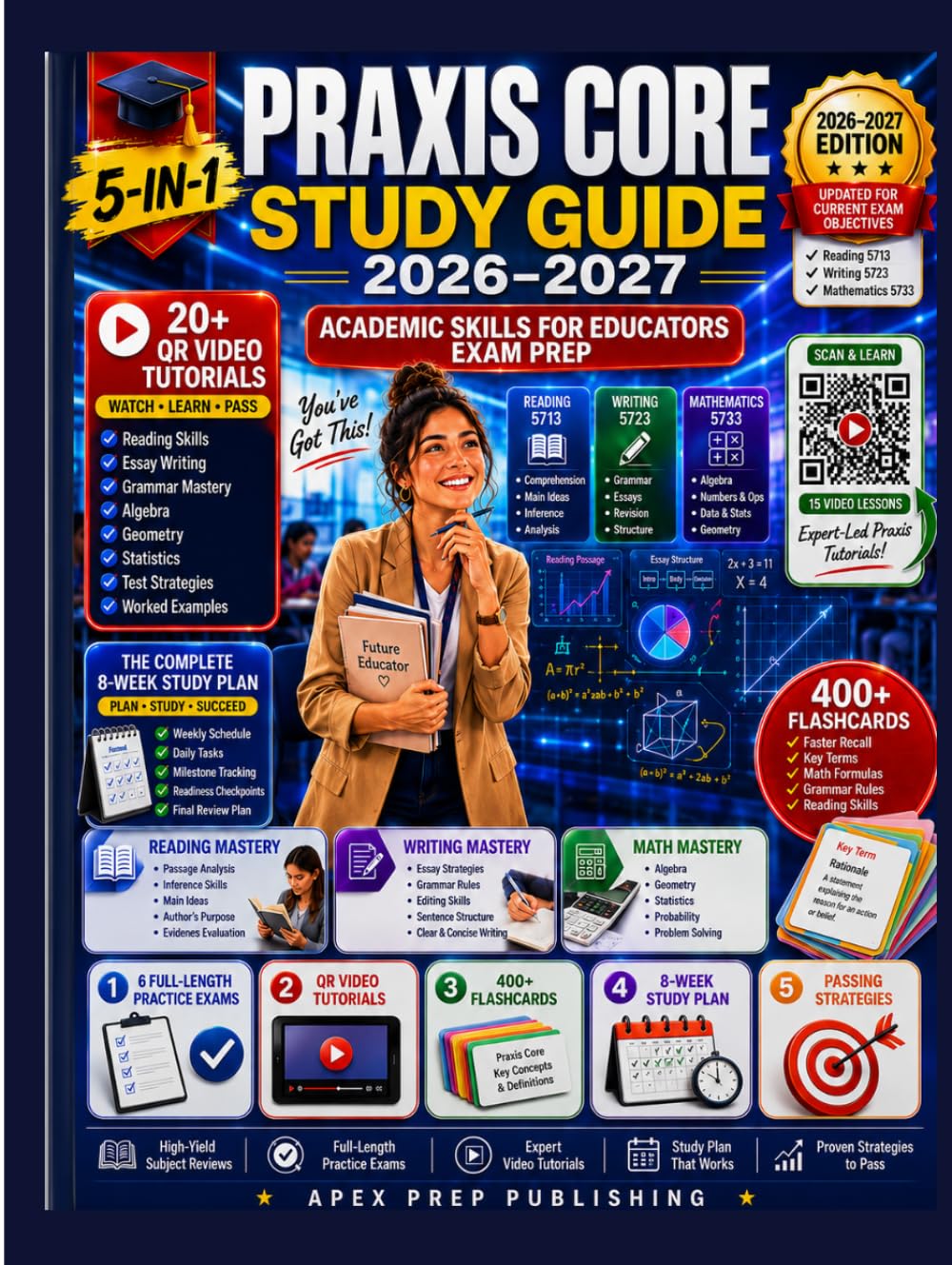 Praxis Core Study Guide 2026-2027: 5-in-1 Complete Academic Skills for Educators Test Prep for Reading 5713, Writing 5723, Math 5733 - High-Yield Subject Reviews, 6 Full-Length Practice Exams + Videos