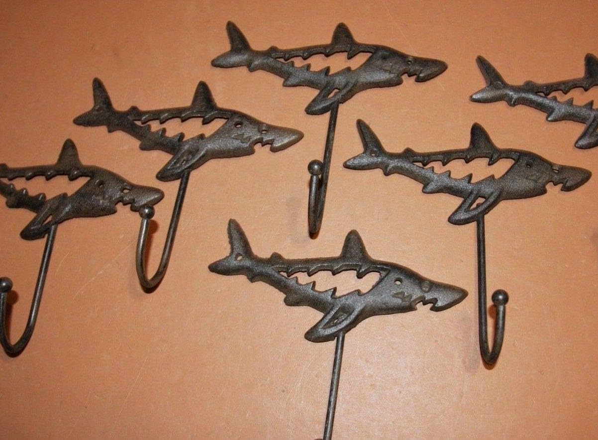Southern Metal Shark Coat Hooks, Rustic Brown cast Iron