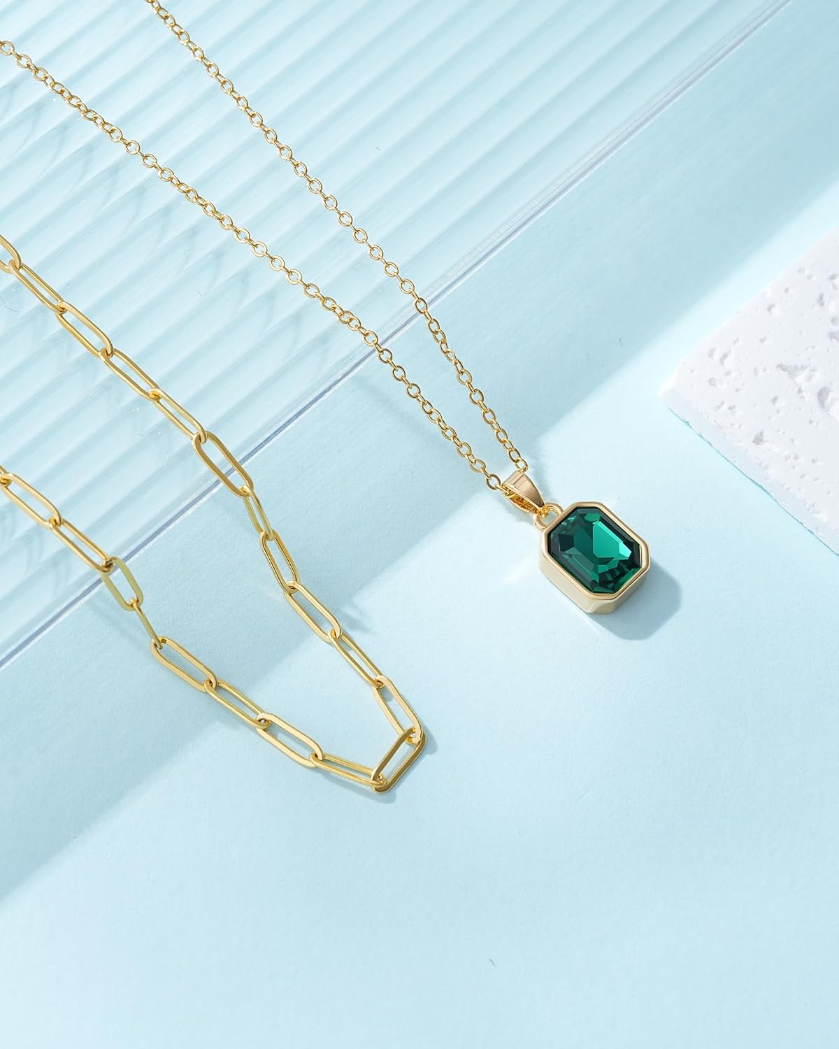 Gold Layered Necklaces for Women, 18k Gold Plated Crystal Necklace Paperclip Choker Emerald Green Jewelry for Women Gifts - Image 6