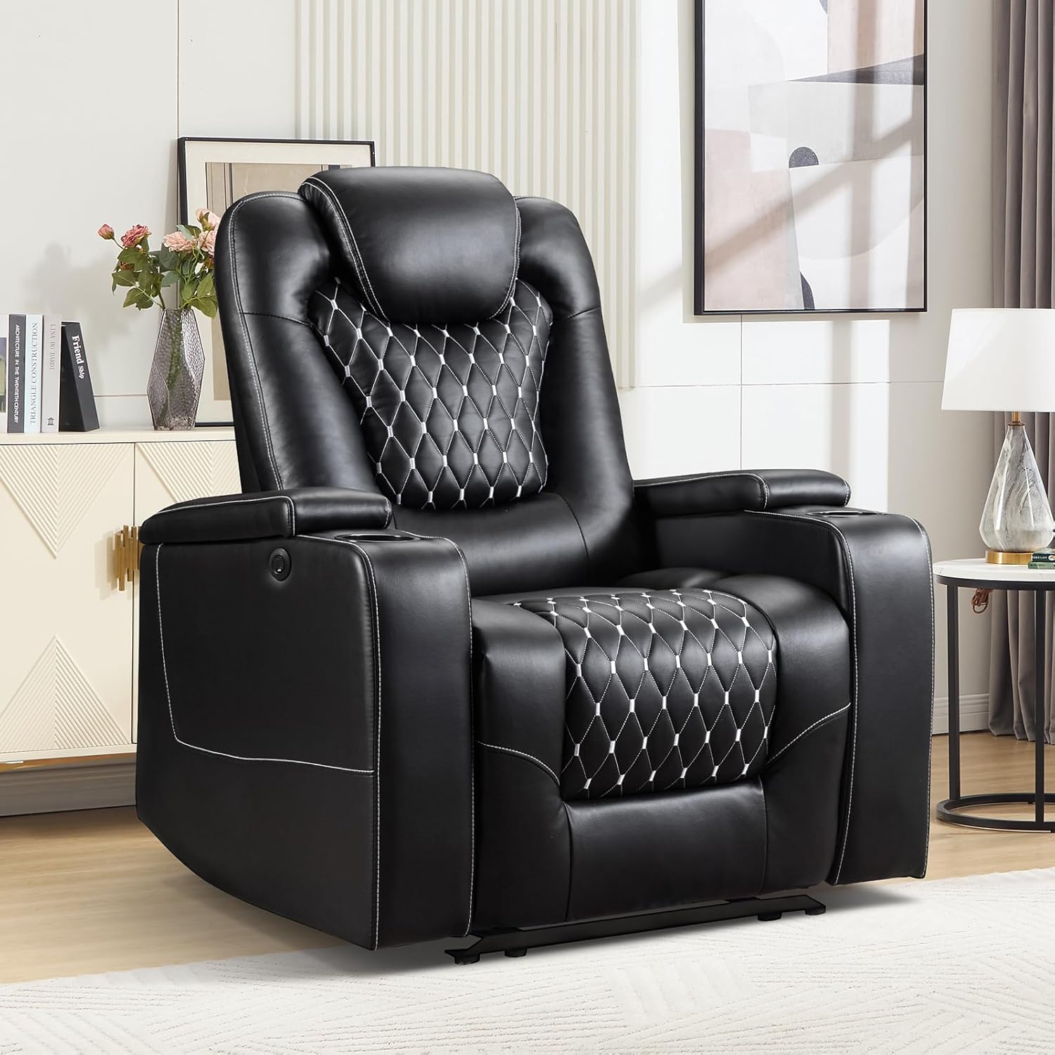 ANJ Power Recliner Chair with USB Ports and Cup Holders - Overstuffed Electric Home Theater Seating PU Leather Reclining Furniture with Hidden Arm Storage, Easy to Clean ，Black