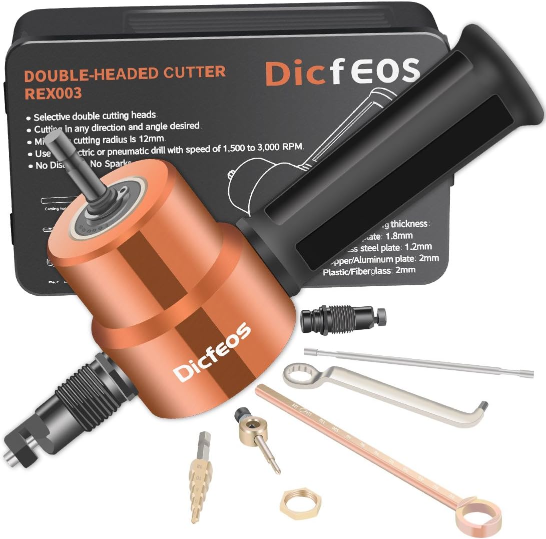Dicfeos Double Head Sheet Metal Cutter, Versatile Nibbler Drill Attachment for Straight Curve and Circle Cutting, Maximum 14 Gauge Steel, Perfect for Home DIY and Car Repair