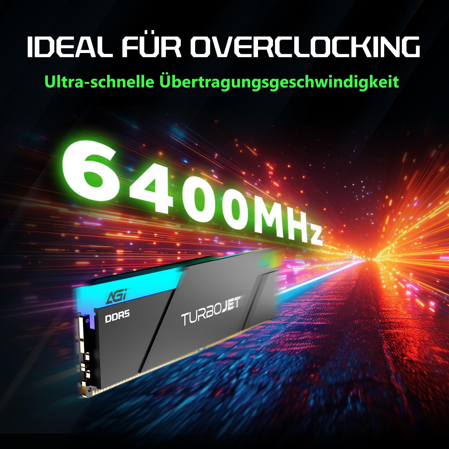 AGI UD858 TURBOJET RGB 32GB Kit 2x16GB DDR5 6400MHz UDIMM PC RAM Noir | Latenz CL36, 288-Pin, Desktop-Arbeitsspeicher kompatibel mit AMD EXPO und Intel XMP. Optimiert fuer PC Gaming