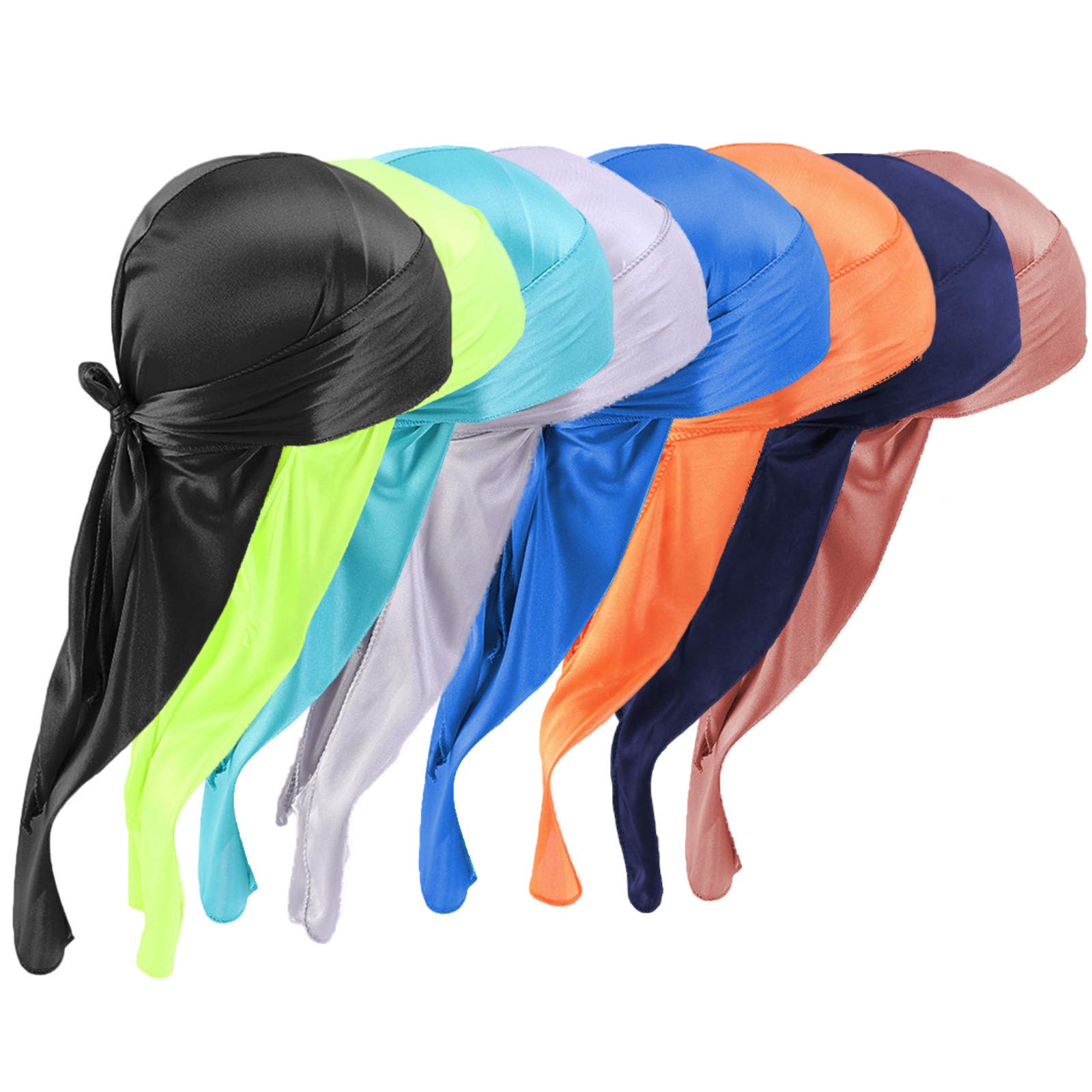 8 Pieces Mens Thick Silky Durags Bandanas Turban Hat Wigs Doo Satin Durag Headwear Headband Extra Long Tail