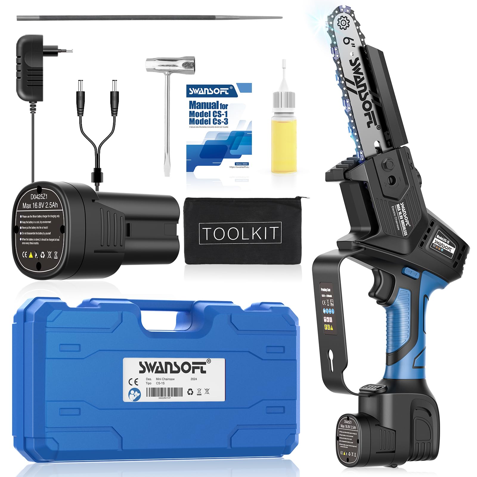 SWANSOFT Mini Motosierra a Batteria Professionale (CS-1S BLUE)