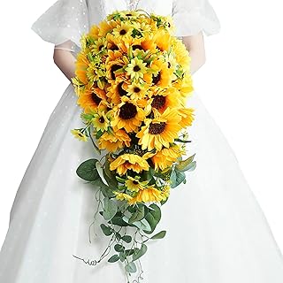 Emivery Sunflower Wedding Bouquet, Artificial Flower Cascading Bouquet Sunflower Bridal Bouquet for Wedding Ceremony Anniversary Party Church Decor