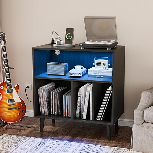 Miniatura 11 de VINGLI Soporte para tocadiscos con almacenamiento de vinilo abierto, mesa de almacenamiento de álbumes de mediados de siglo con luz LED de hasta 300