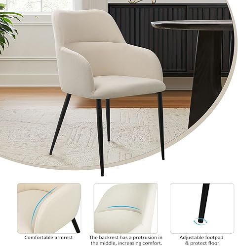 Miniatura 6 de KithKasa Juego de 2 sillas de comedor modernas con brazo de tela beige, sillas de cocina, invitados de club con patas de metal negro para comedor y