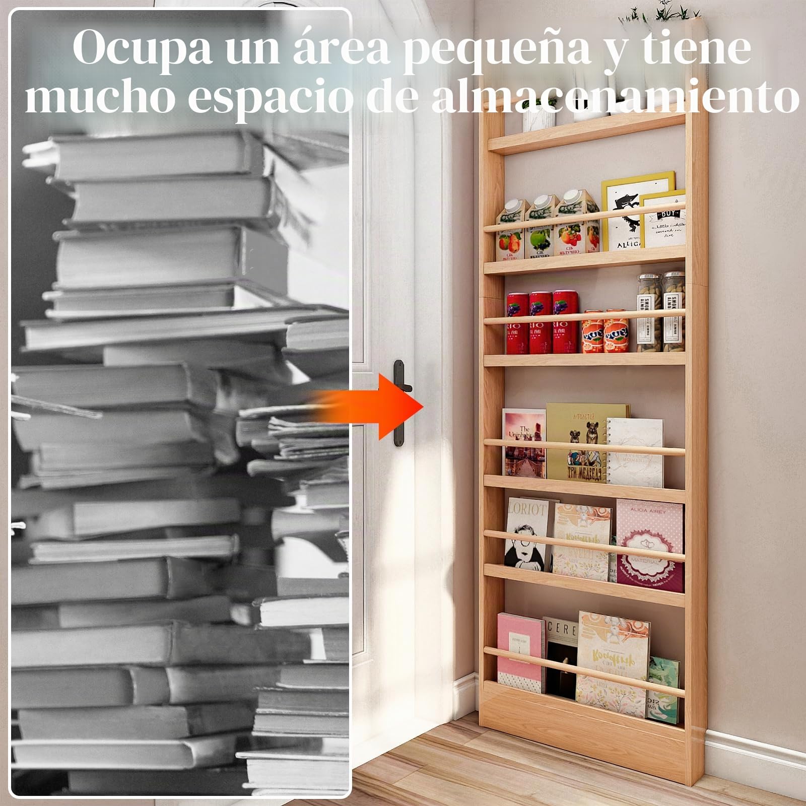 MYOYAY Estantería para niños detrás de la puerta, soporte de pared, organizador de 6 niveles para juguetes y libros, ahorra espacio, estantería estrecha de madera maciza