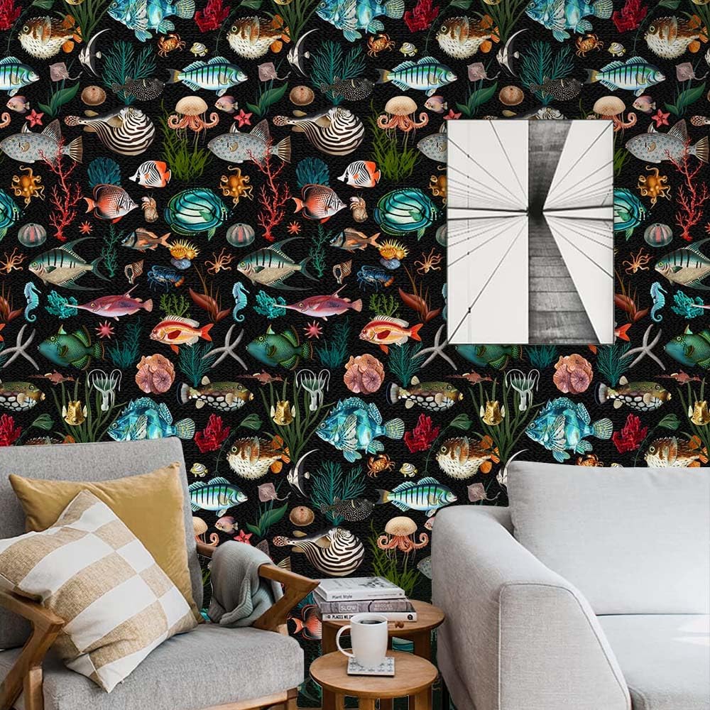 Ocean Fish Black Wallpaper Peel and Stick Wallpaper Underwater World Self Adhesive Removable Easy Peel Off Stick on Wall Paper for Bedroom Cabinet Renter Friendly Accent Wall 17.71"*236.2"