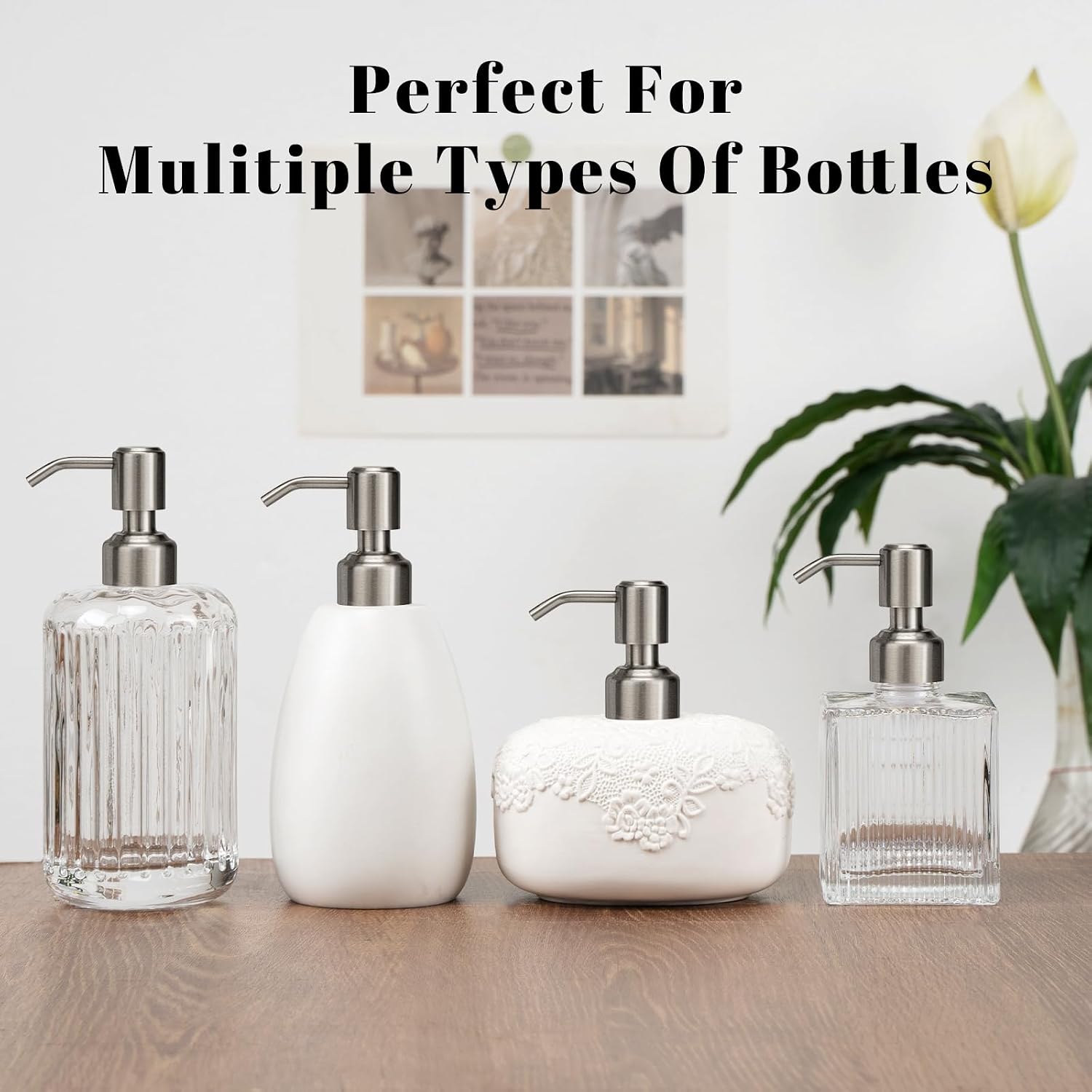 2 Pack Brushed Nickel 304 Stainless Steel Soap Dispenser Pump Replacement Standard 28/400 Thread for Liquid Soap Lotion Dish Soap Kitchen Bathroom Use