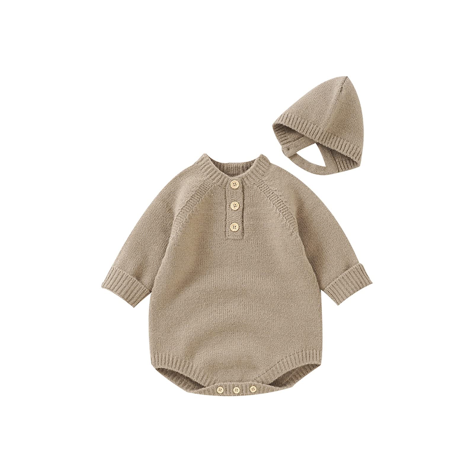 RNTOP Baby Girl Boy Knitted Sweater Romper Bodysuit Unisex Solid Long Sleeve Jumpsuit Sweaters Hat (Khaki, 3-6 Months) b178p