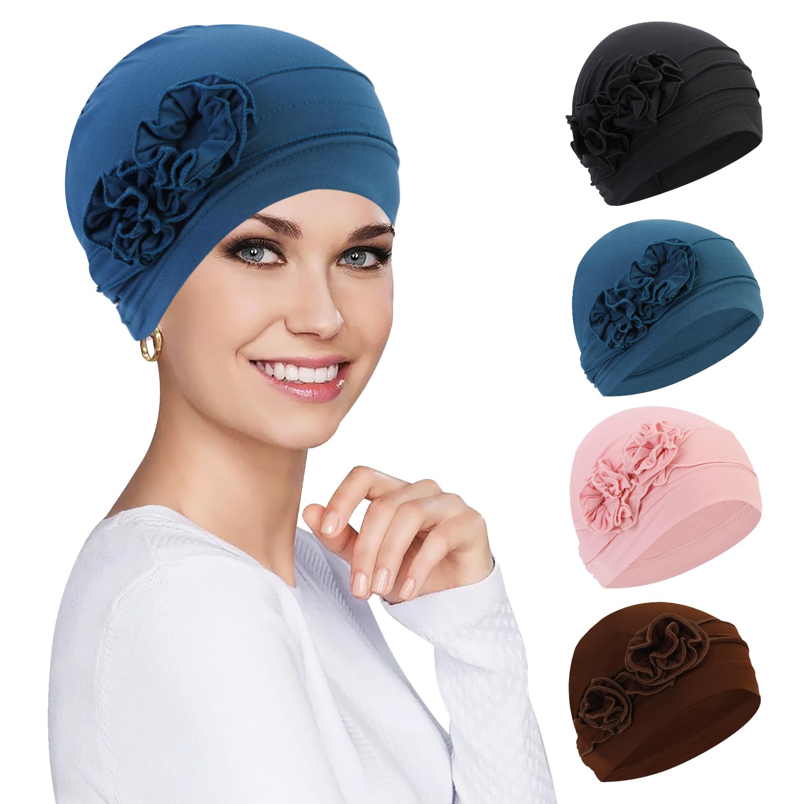 XEPST 4 sztuki nakrycia głowy po chemioterapii dla kobiet, turbany, czapka beanie, nakrycie głowy, nakrycia włosów dla kobiet, damskie czapki do spania, chemioterapia, rak, czapka z kwiatowym wzorem