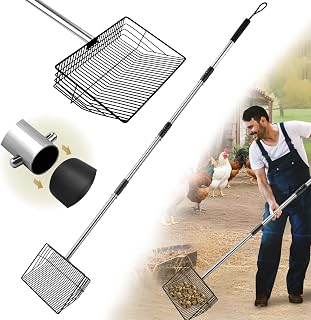 Chicken Poop Scooper for Sand - Coop Scoop with 24-68" Adjustable Stainless Handle, 4-in-1 Sifter Shovel for Poultry Waste Cleaning Accessories (Black)