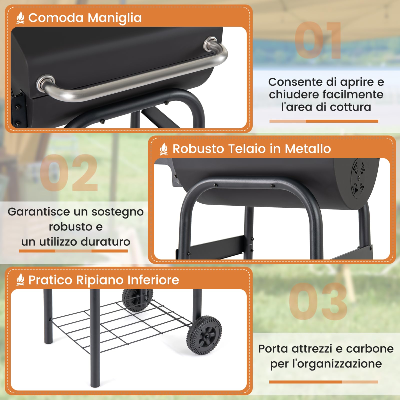 COSTWAY Barbecue a Carbonella con Ruote, Griglia a Carbone da Esterno con Coperchio, Termometro, Tavolo Pieghevole e Manico in Acciaio Inox, Barbecue Portabile per Giardino, Campeggio e Picnic