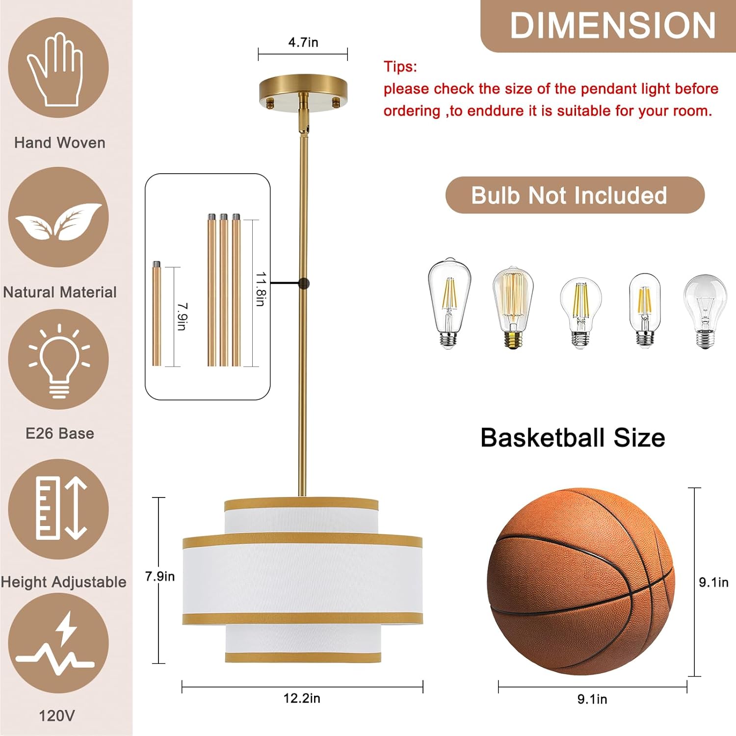 12.3" Small Chandelier Light Fixture, Gold Drum Pendant Light with White Linen Lampshade 1-Light Mini Modern Farmhouse Chandelier for Kitchen Island, Bedroom, Dining Room, Entryway, Foyer
