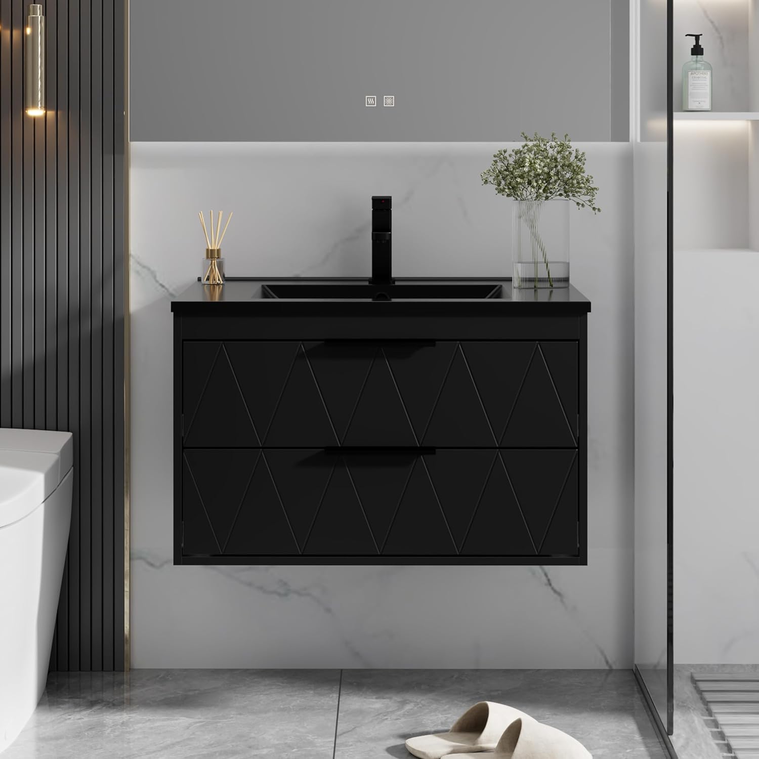 eclife 30" Bathroom Vanity Sink Combo, Modern Floating Cabinet W/Decor Line, Wall Mounted Bathroom Vanities with Undermount Single Black Sink, 2 Extra Big Drawers, Faucet, Drain, Black