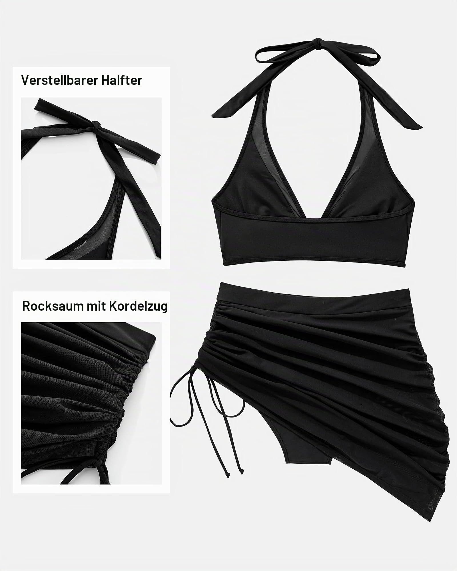 DOULAFASS Damen Mesh High Waist Bikini mit Rock Push Up Bikini Set Neckholder Bauchweg Bademode