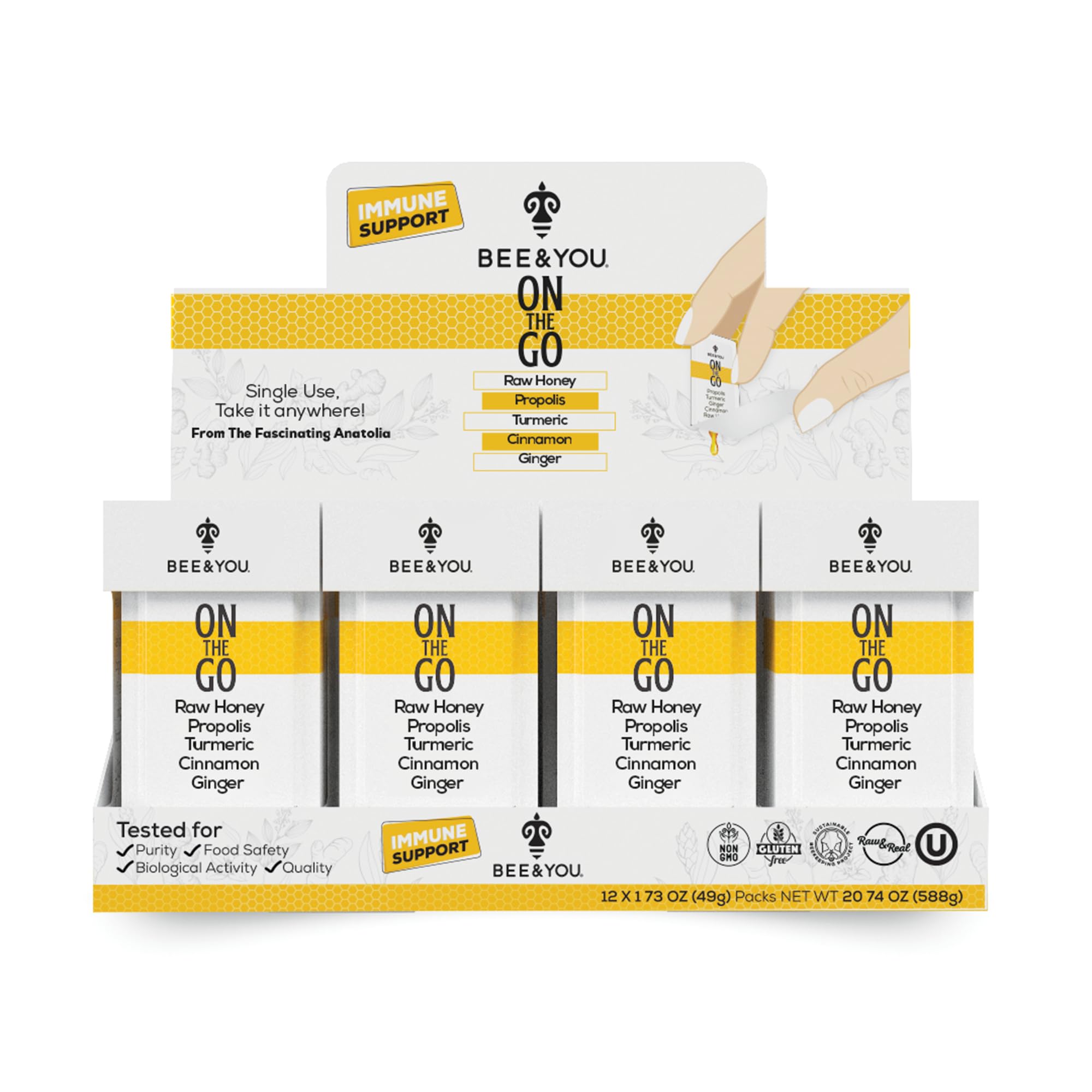 Bee and You On The Go, Immune Support Supplement, Raw Honey, Propolis, Turmeric, Cinnamon, Ginger, Superfrood, Great Tasting, for Kids and Adults, 12 Pack, 1.73 oz Each