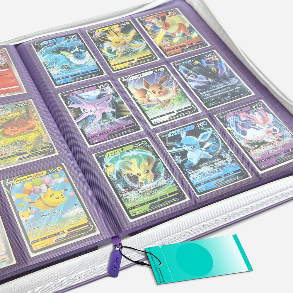 Ravaver Kartenbinder 9 Pocket 360 Sammelkarten Etikettenschlitz Lila | TCG Card Games Sammelmappe Buchmappe mit seitlichen Hüllen und exklusivem 3D-Stickerei-Kunstwerk
