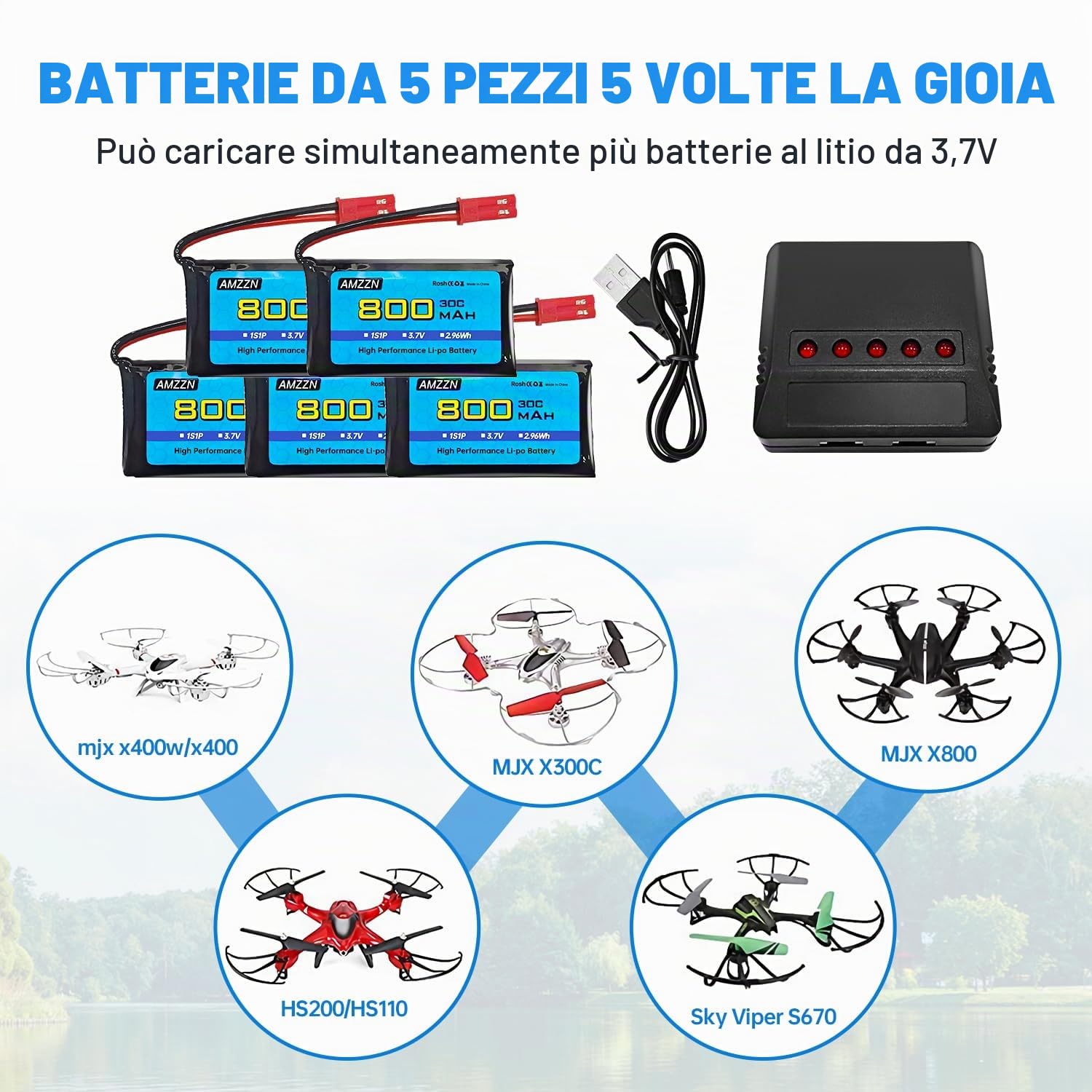 5PCS 3.7V 800mAh 30C JST plug Lipo batteria con caricabatterie 5-in-1 per SYMA X56W MJX X400W X300C X800 HS110 HS200 S670 V950hd S1750 V2450 quadcopter telecomandato