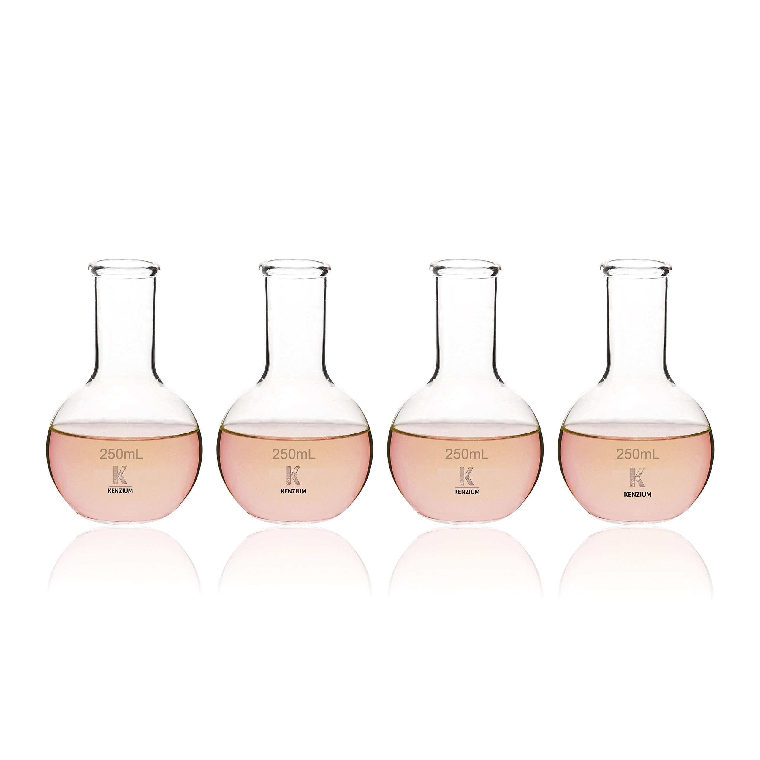 KENZIUM - Pack 4 globos de fondo plano | 250 ml | Vidrio borosilicato 3.3 | Cuello estrecho | Alta resistencia, ideal para ebullición