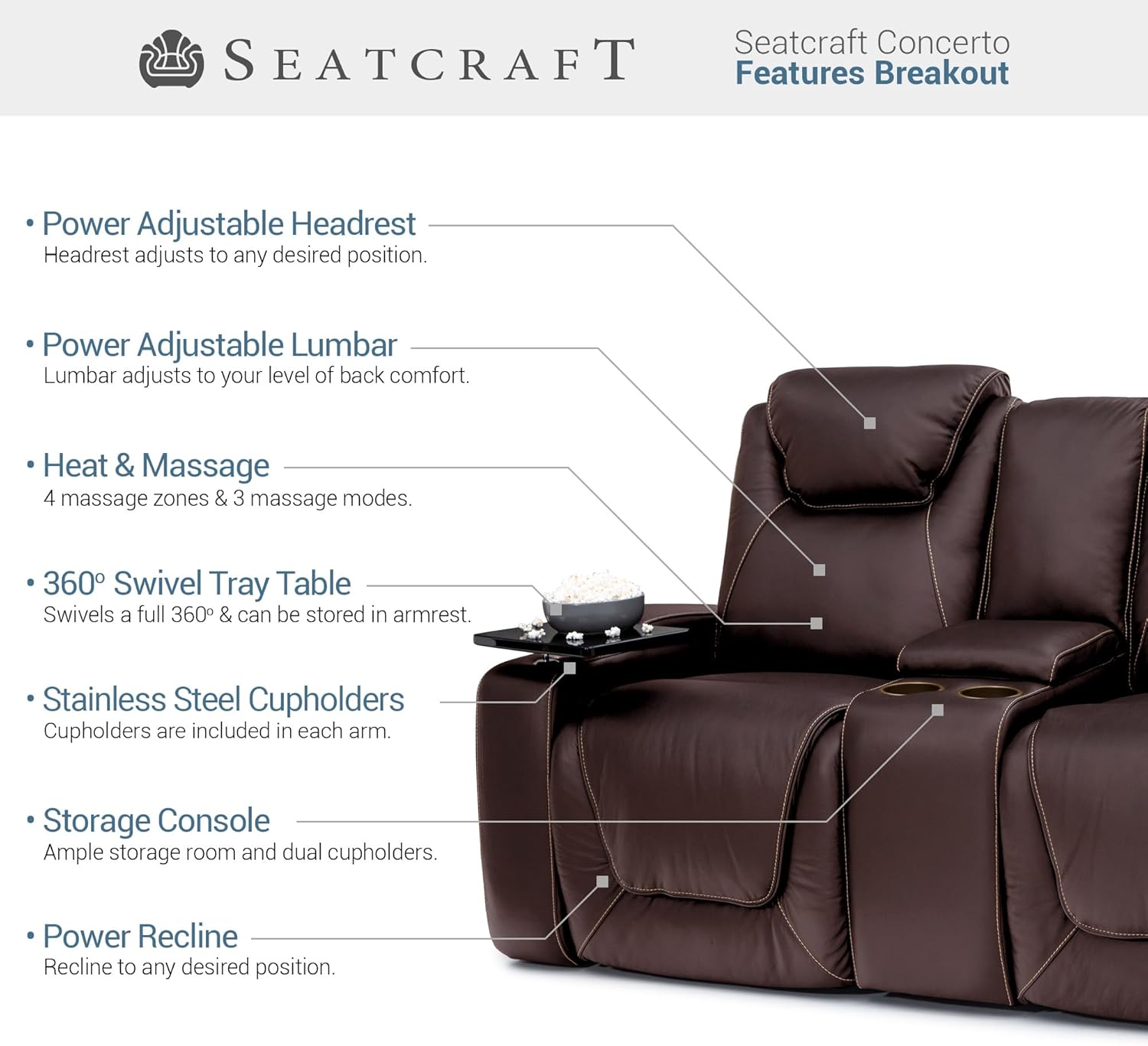 Seatcraft Concerto Heat & Massage, Italian Leather Loveseat w/Storage Console, Power Headrest, Power Recline, Brown