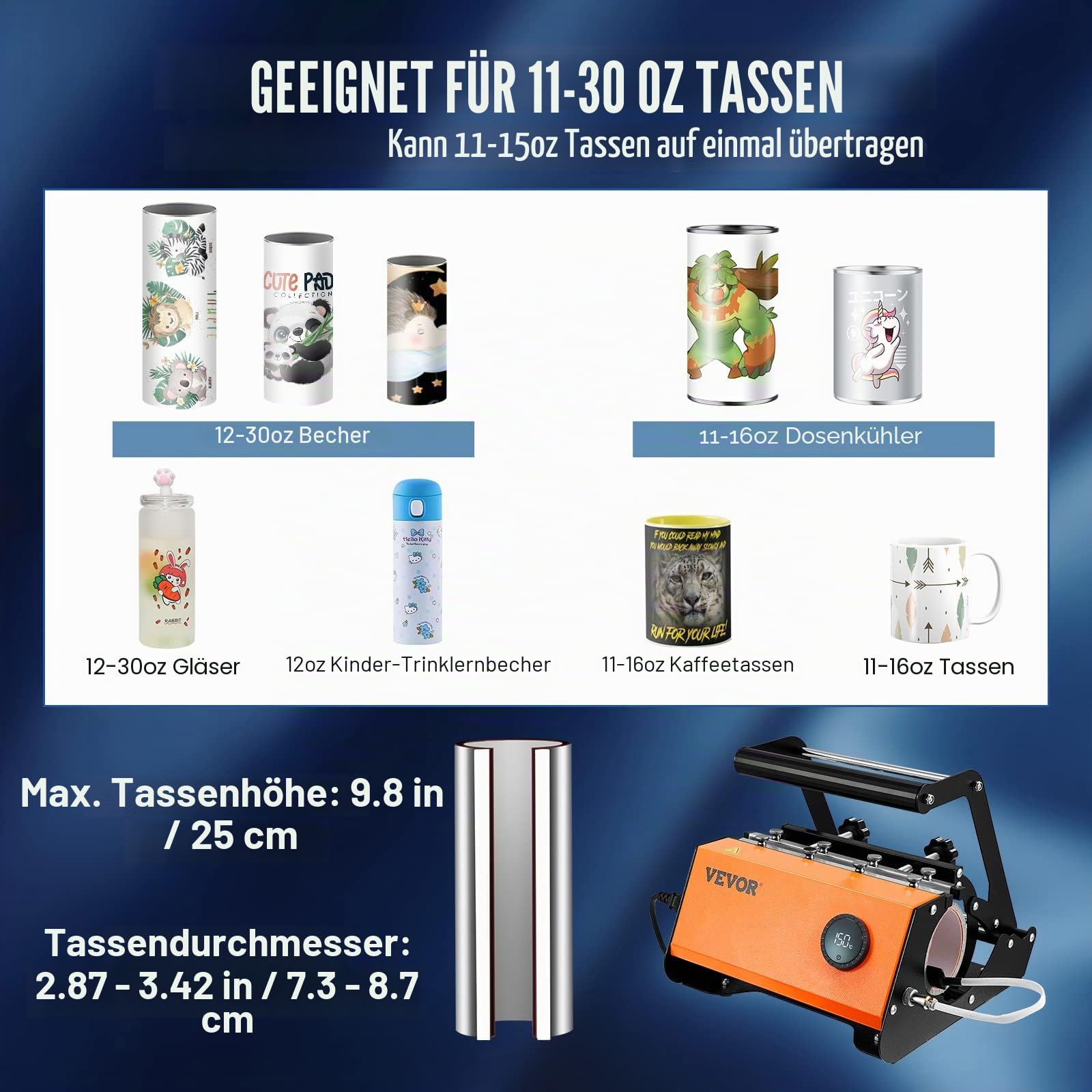 VEVOR - Becherwärmepresse, Heißpressmaschine für 30 Unzen Tassen, Sublimationstransfer 31 bis 15 Unzen, 16-25 Unzen, gerade und dünne Becher, Tassenwärmepresse