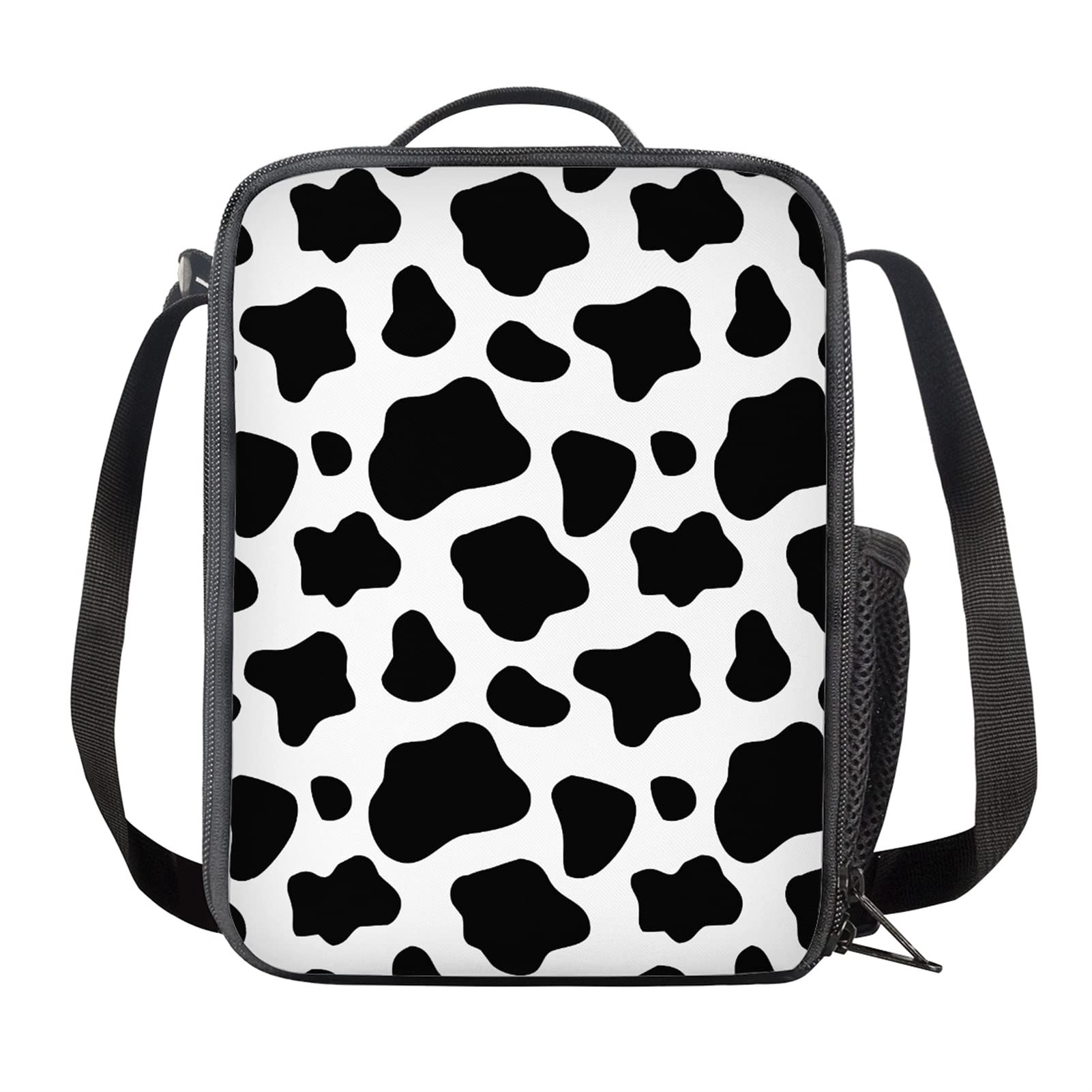 Salabomia Cow Lunch Boxes for Girl Women Girl, Durable Reusable Lunch Bags with Water Bottle, Insulated Thermal Cooler Bag Lunch Box for Student Picnic School, Black and White