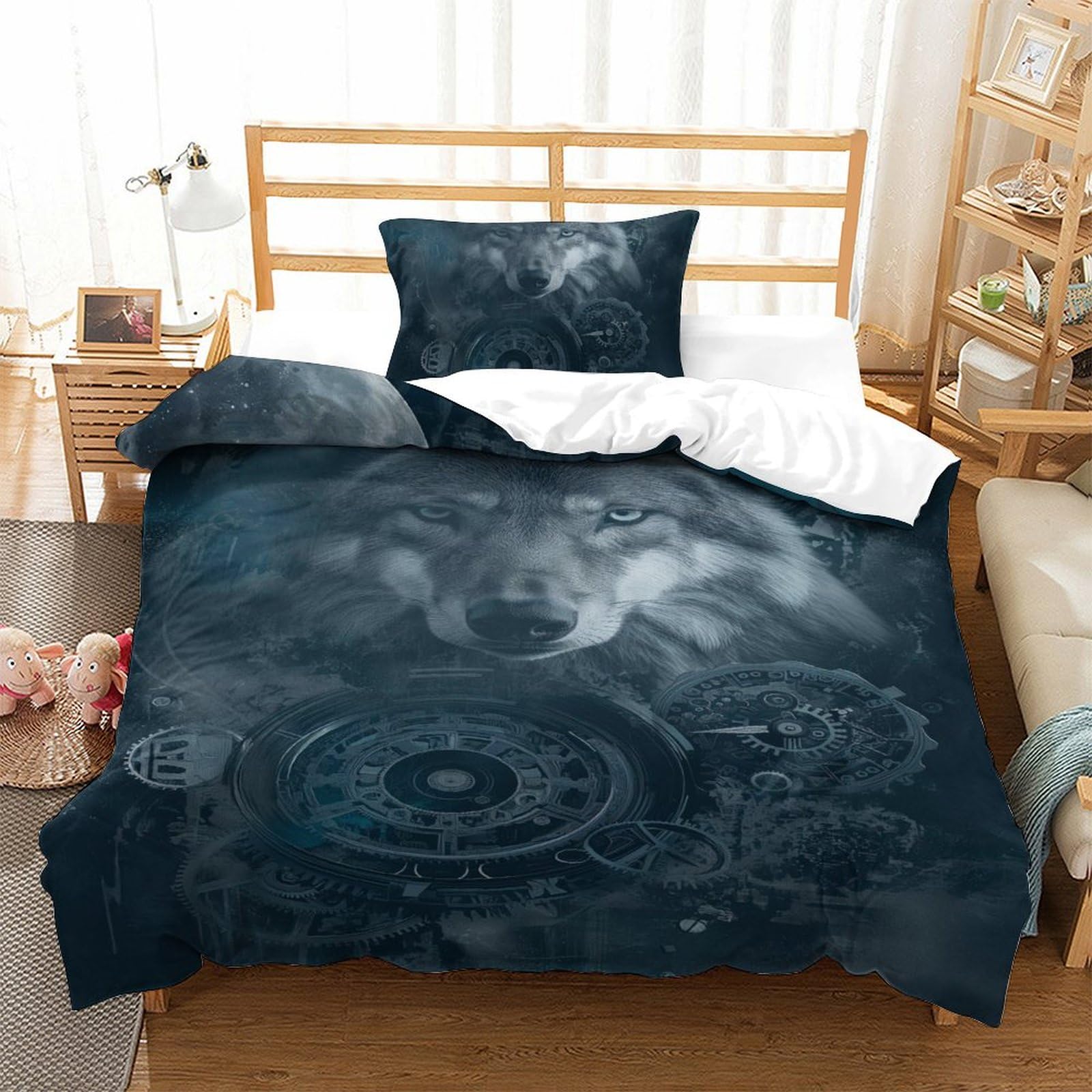 Housse de couette loup 3D en microfibre 135x200 cm avec sa taie d'oreiller