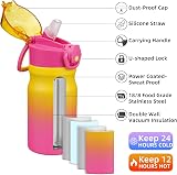 BJPKPK Bouteille d'eau avec paille – Bouteille d'eau isotherme réutilisable en acier inoxydable avec couvercle anti-fuite verrouillable et poignée de transport – 410 ml – Rainbow - 2