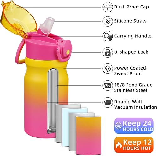 BJPKPK Bouteille d'eau avec paille – Bouteille d'eau isotherme réutilisable en acier inoxydable avec couvercle anti-fuite verrouillable et poignée de transport – 410 ml – Rainbow - 2