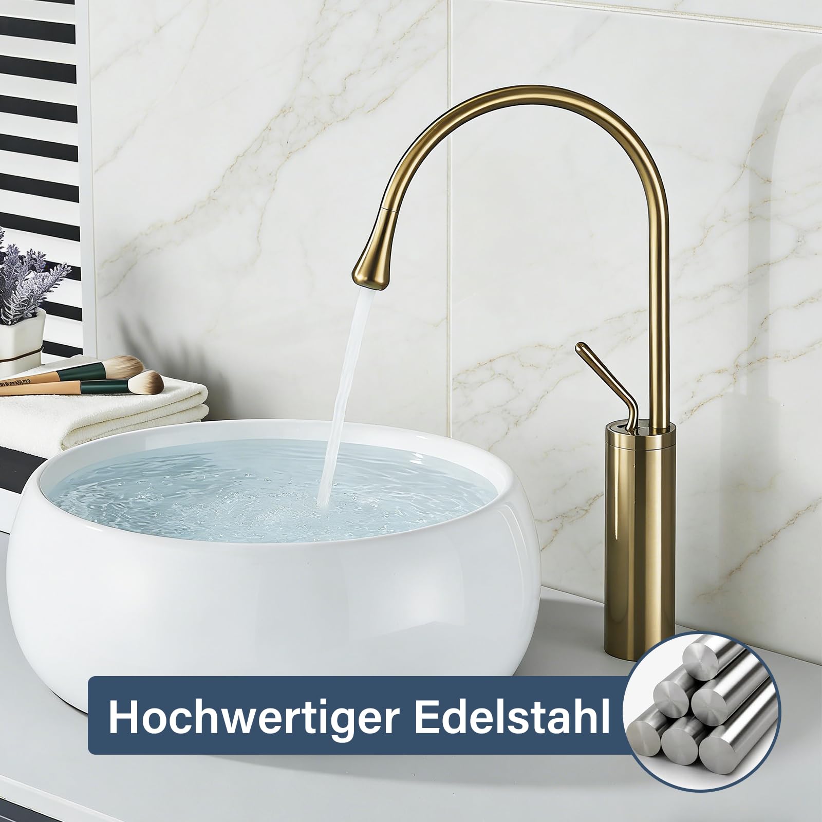 Wasserhahn Bad Waschtischarmatur Gebürstet Gold Einhandmischer Armatur Wasserhahn Waschbecken Einhebel Hochdruck Heiß und Kaltmischer Mischbatterie für Badezimmer Edelstahl