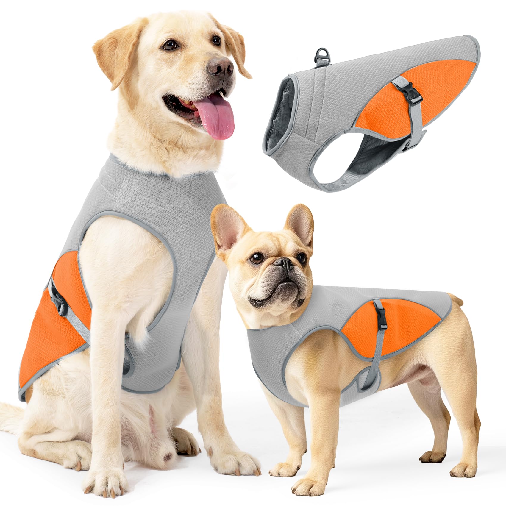 Duuclume Dog Cooling Vest,Lightweight Jacket with 3-Layer Cooling Technology,Breathable Mesh Coat with Adjustable Straps & Reflective Strips for Small to Large Dogs(Grey with Orange, XL)