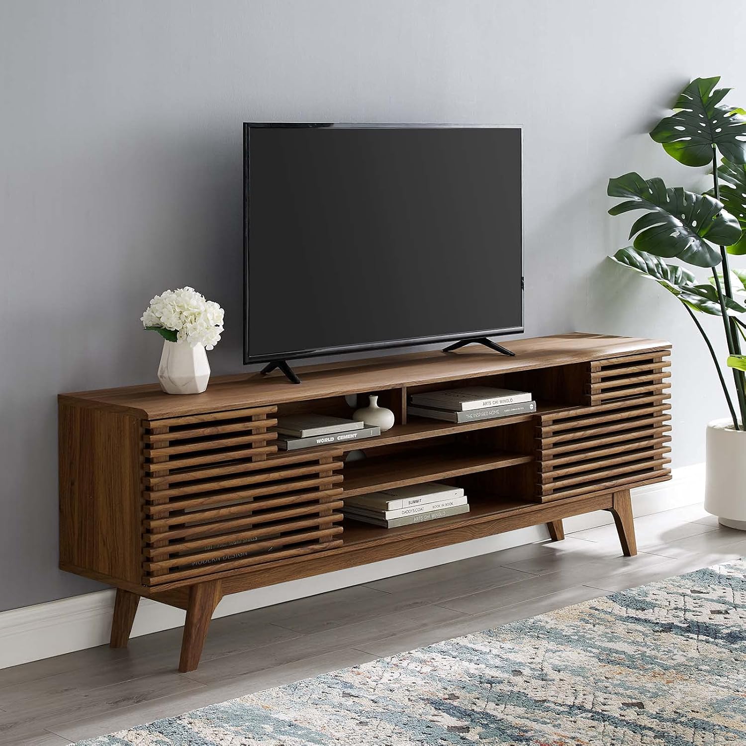 Mid-Century Walnut Media Console with Sliding Doors and Cable Management