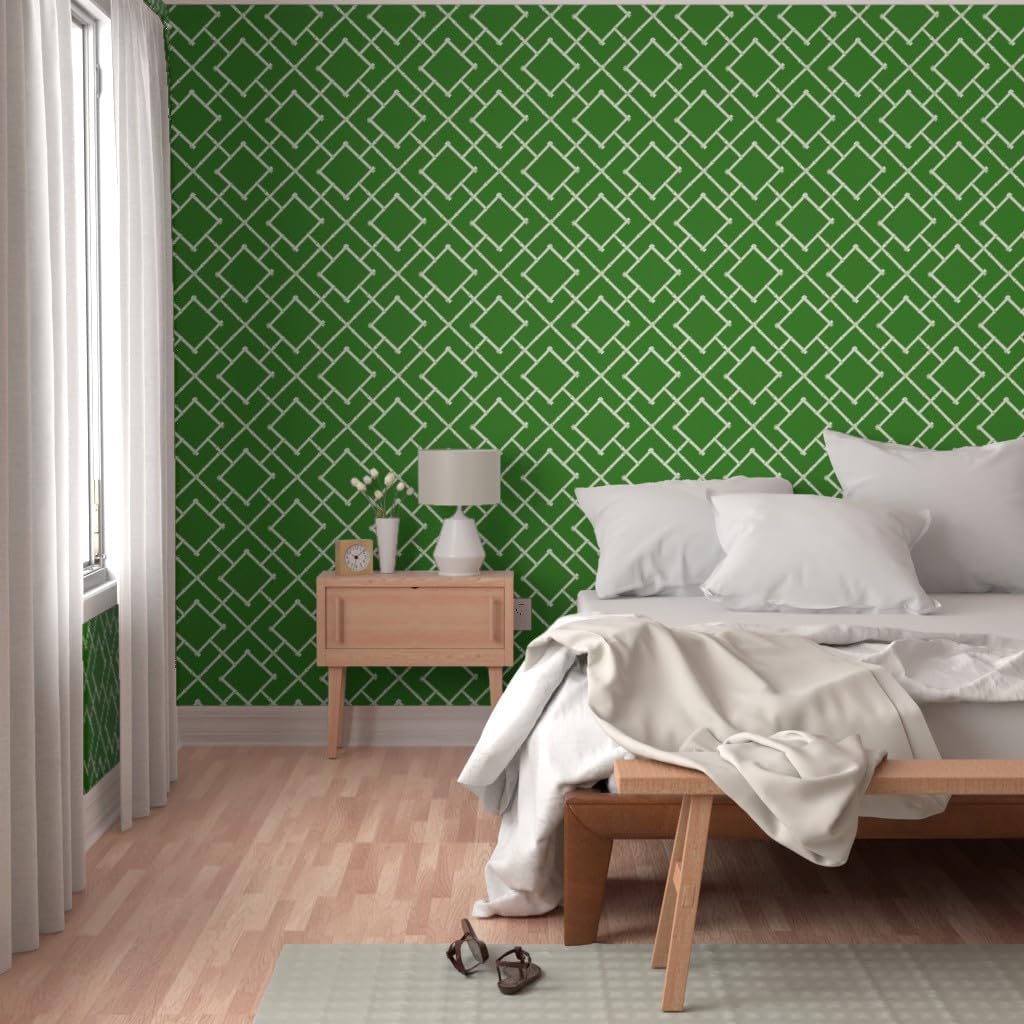 Removable Wallpaper 3ft x 2ft - Bamboo Trellis Green Chinoiserie Asian Chinese Print Classic Traditional Custom Pre-Pasted Wallpaper by Spoonflower