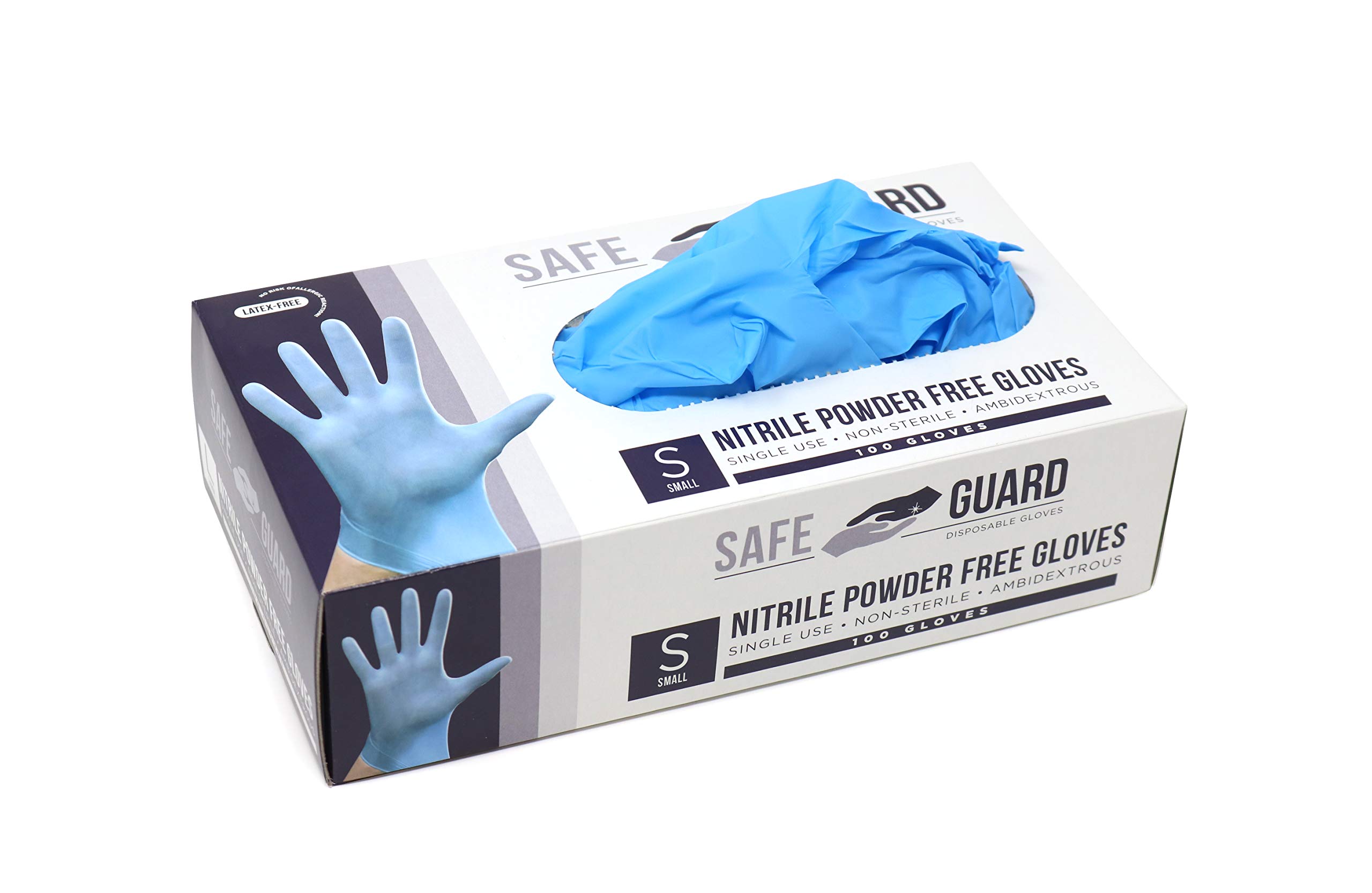 Safeguard Nitrile Disposable Gloves, Powder Free, Food Grade Gloves, Latex Free, 100 Count, Small Size, Blue