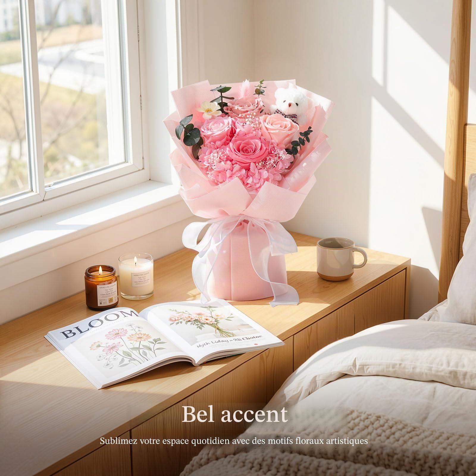 Emibele Fleurs Pour Livraison Prime Bouquets Fleurs Préservées Avec Ours | 4 Roses Roses Éternelles, Cadeaux pour Saint-Valentin, Fête Mères, Anniversaire, Diplôme – Pour Elle, Copine, Femme, Maman