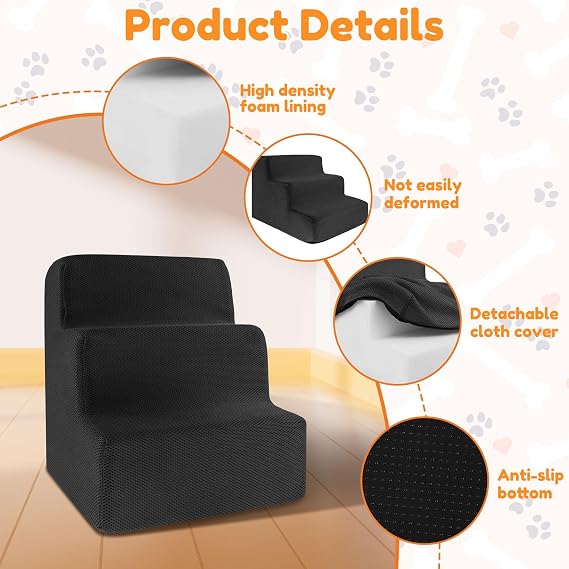 Dog Steps for Bed 34x40x30cm, 3-Steps High Density Foam Dog Stairs with Detachable Cover & Non Slip Bottom, Washable Pet Steps Ladder for Sofa Low Bed Couch0cm