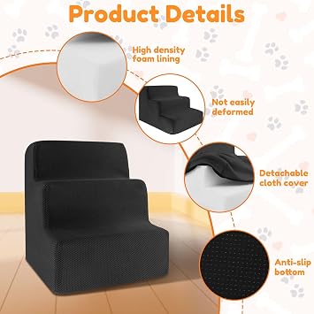 Dog Steps for Bed 34x40x30cm, 3-Steps High Density Foam Dog Stairs with Detachable Cover & Non Slip Bottom, Washable Pet Steps Ladder for Sofa Low Bed Couch0cm