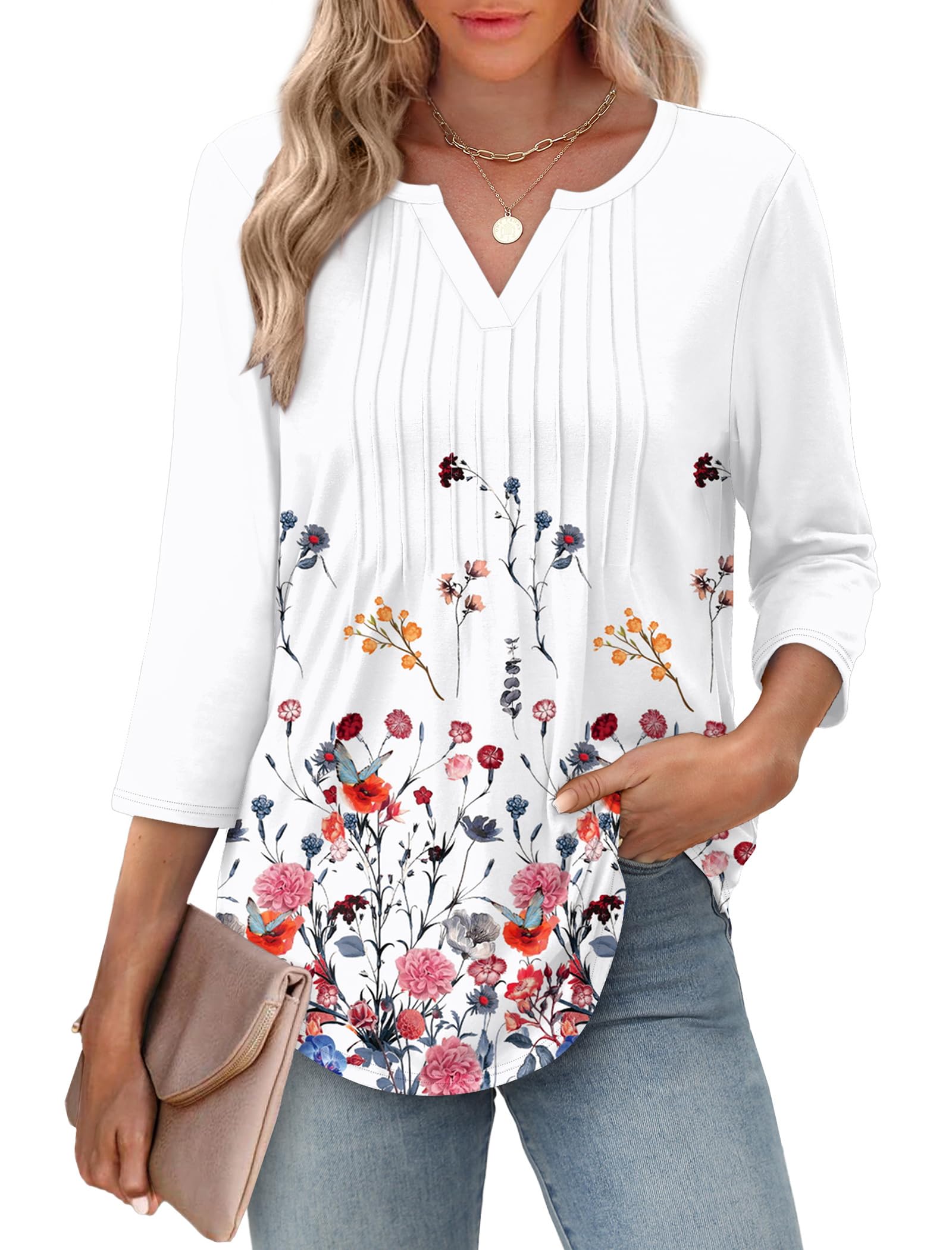 Blusa feminina manga 3/4 2026 gola V roupas casuais plissadas blusas praia férias primavera roupas