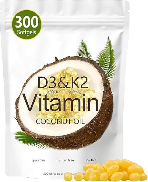 SIRDIKA Vitamin D3 K2 Softgel, D3 K2 Vitamin 10000 IU, 10000 IU VIT D3 + 200 MCG Vitamin K2, Free of GMO, Gluten, Soy, Bone Health, Supports Calcium Absorption, 300 Gels